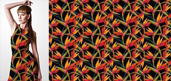 13013 Materiał ze wzorem tropikalne kwiaty (strelicja) tworzące kolorowy motyw